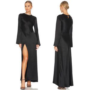 NEW NONchalant Label Dumas Maxi Dress Black Satin Silk Long Sleeve Slit Medium M